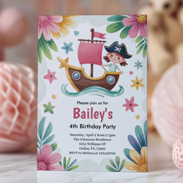 Invitation Fête d'anniversaire pirate pour filles de 4 ans Wa (Créateur téléchargé)