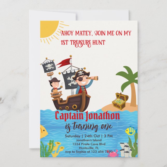 Invitation Fête d'anniversaire pirate pour garçons 1 an (Devant)