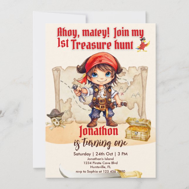 Invitation Fête d'anniversaire pirate pour garçons de 1 an (Devant)