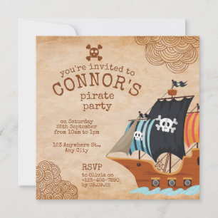Invitation Fête d'anniversaire pirate rustique avec vieux bat