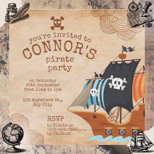 Invitation Fête d'anniversaire pirate rustique avec vieux bat