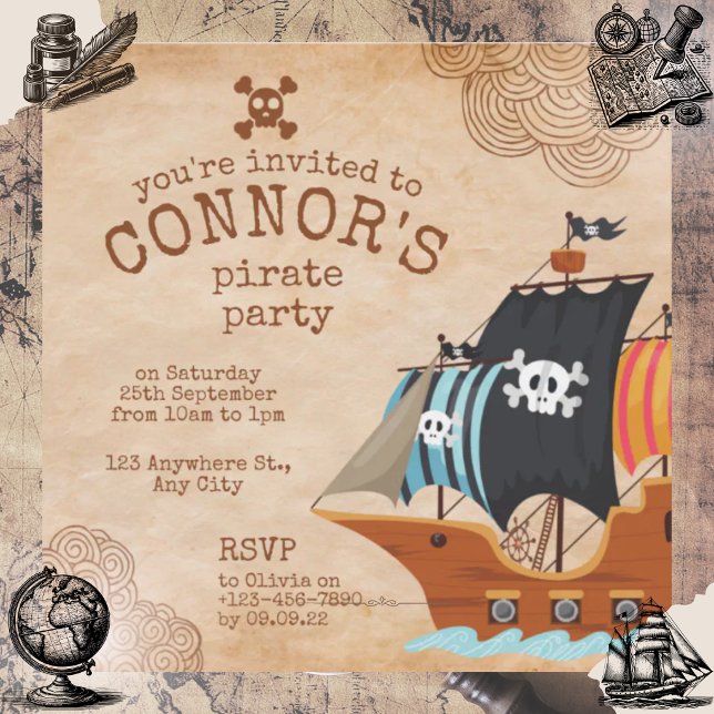 Invitation Fête d'anniversaire pirate rustique avec vieux nav (Créateur téléchargé)