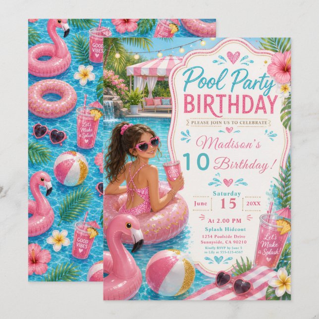 Invitation Fête d'anniversaire Piscine (Devant / Derrière)
