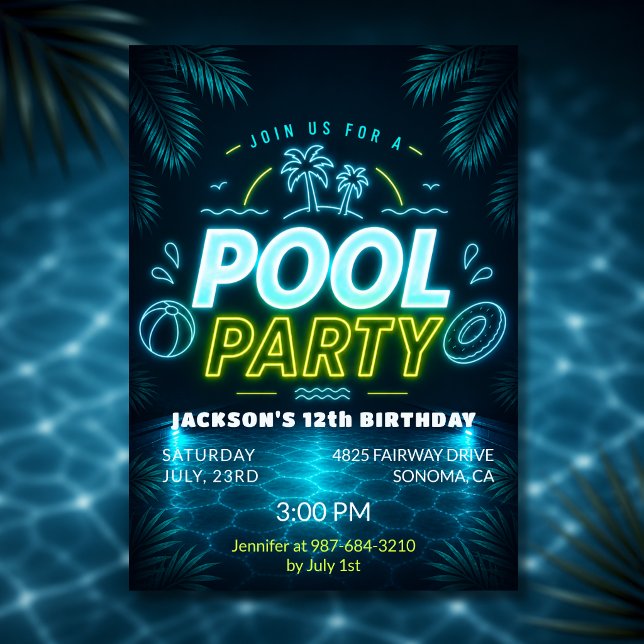 Invitation Fête d'anniversaire Piscine Bleu Vert Neon Glow  (Créateur téléchargé)