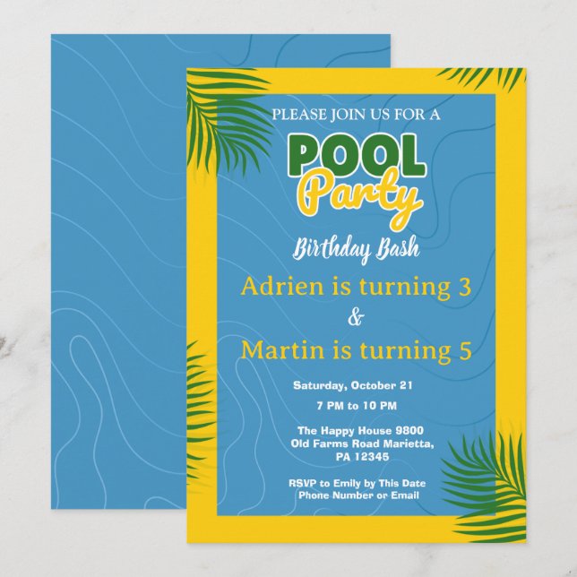 Invitation Fête d'anniversaire piscine cool  (Devant / Derrière)