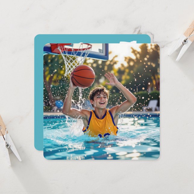 Invitation Fête d'anniversaire Piscine de Basketball (Devant/Arrière en situation)