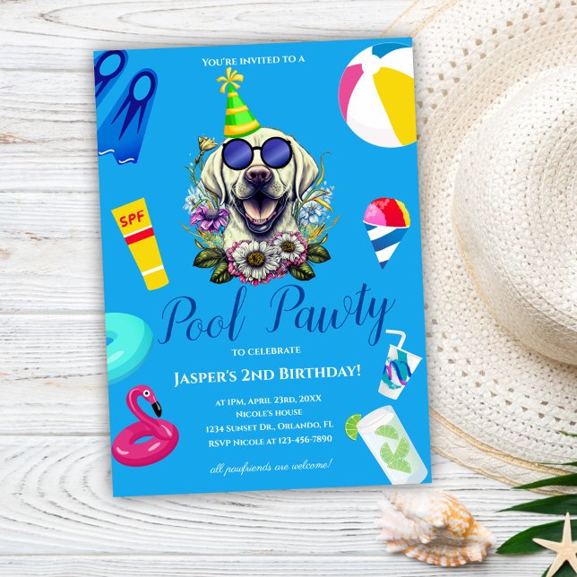 Invitation Fête d'anniversaire piscine drôle pour chien (Funny Dog Pool Party Birthday Invitation)