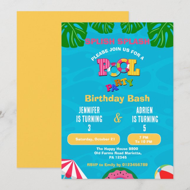 Invitation Fête d'anniversaire piscine éclaboussures (Devant / Derrière)