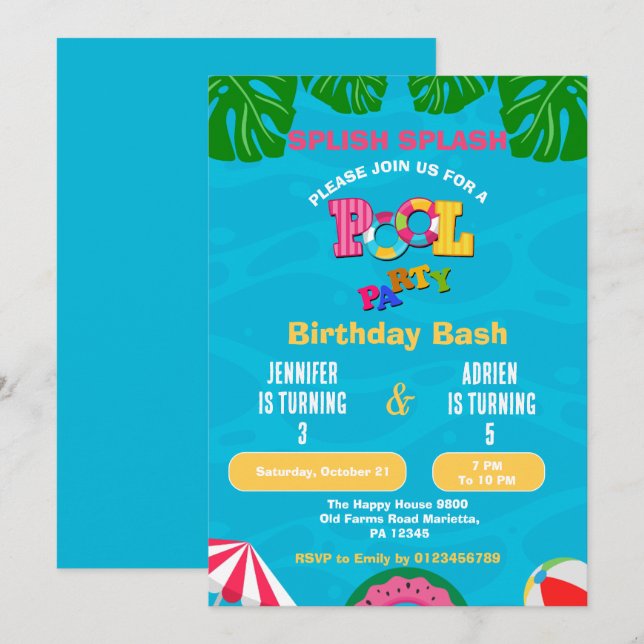 Invitation Fête d'anniversaire piscine éclaboussures (Devant / Derrière)