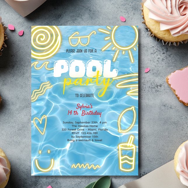 Invitation Fête d'anniversaire piscine été vibes néon (Créateur téléchargé)