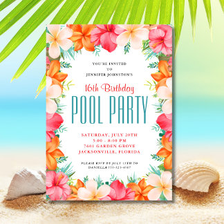 Invitation Fête d'anniversaire piscine Fleur tropicale