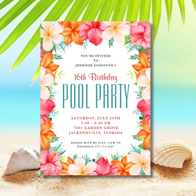 Invitation Fête d'anniversaire piscine Fleur tropicale (Créateur téléchargé)