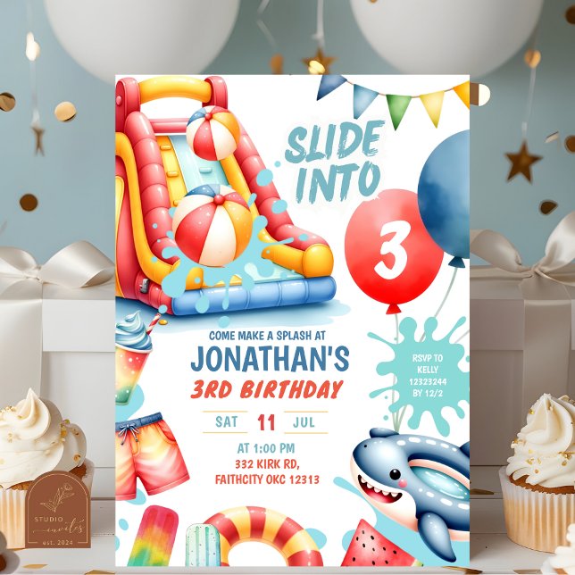 Invitation Fête d'anniversaire Piscine Glissez dans Trois (Créateur téléchargé)