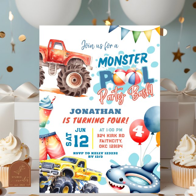 Invitation Fête d'anniversaire piscine Monster Truck  (Créateur téléchargé)