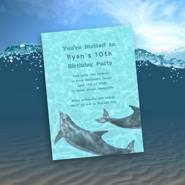 Invitation Fête d'anniversaire piscine ou plage avec dauphins (Créateur téléchargé)