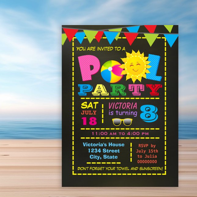 Invitation Fête d'anniversaire piscine pour filles (Girl any number pool birthday party invitation. Simply add your details.)