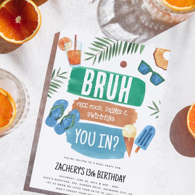 Invitation Fête d'anniversaire piscine pour garçon Bruh (Bruh Boy Pool Party - Tween, Teens, Teenager, Guy!)