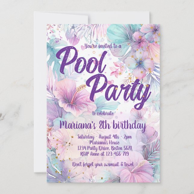 Invitation Fête d'anniversaire piscine rose fille Fête à la p (Devant)