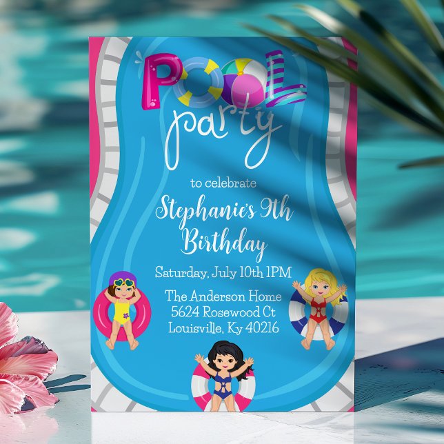 Invitation Fête d'anniversaire piscine rose filles été (Créateur téléchargé)