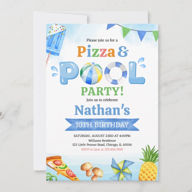 Invitation Fête d'anniversaire Pizza et Piscine (Devant)