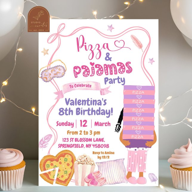 Invitation Fête d'anniversaire Pizza et Pyjamas Fille Afro av (Créateur téléchargé)
