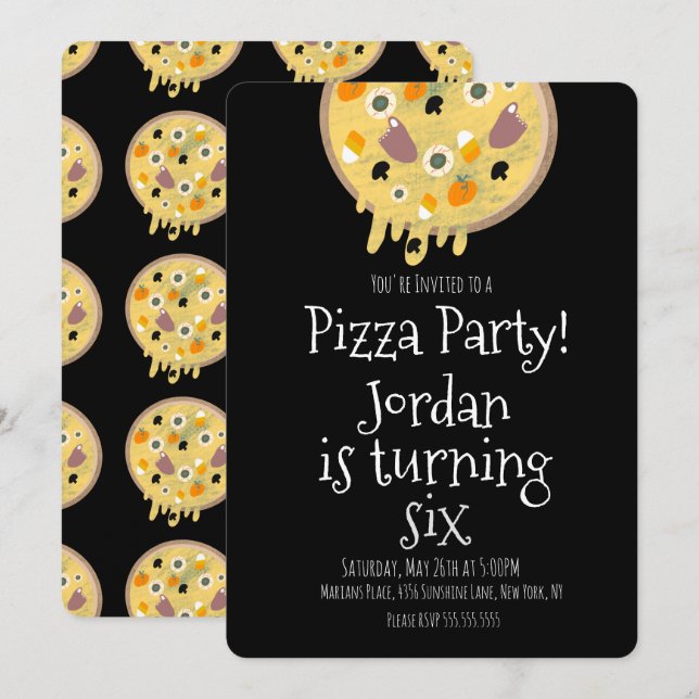 Invitation Fête d'anniversaire Pizza Halloween Garnitures Dég (Devant / Derrière)