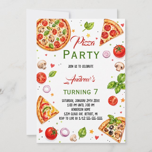 Invitation Fête d'anniversaire Pizza Italienne Aquarelle (Devant)