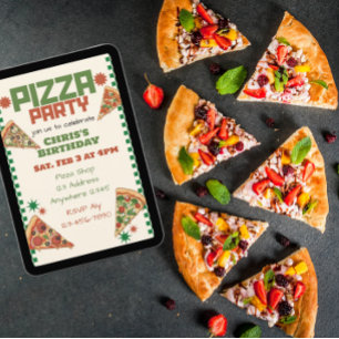 Invitation Fête d'anniversaire Pizza Party Rouge Vert