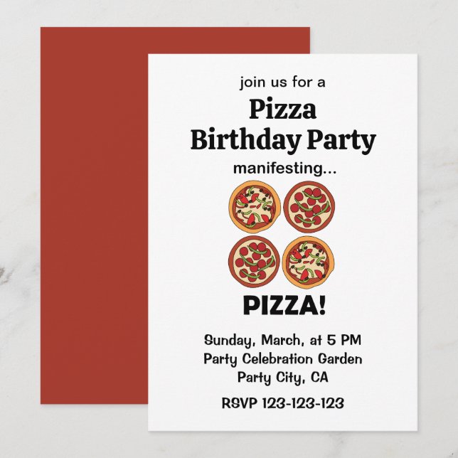 Invitation Fête d'anniversaire Pizza Pepperoni Manifestante (Devant / Derrière)