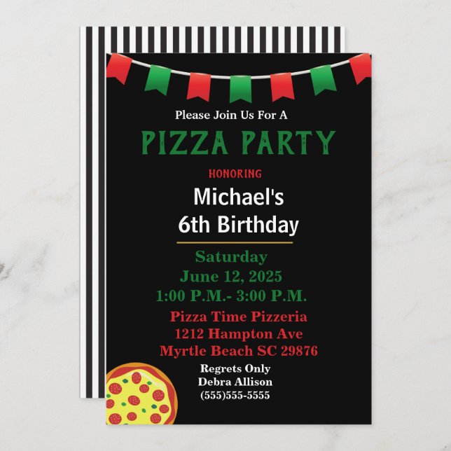 Invitation Fête d'anniversaire pizza pour enfants (Devant / Derrière)