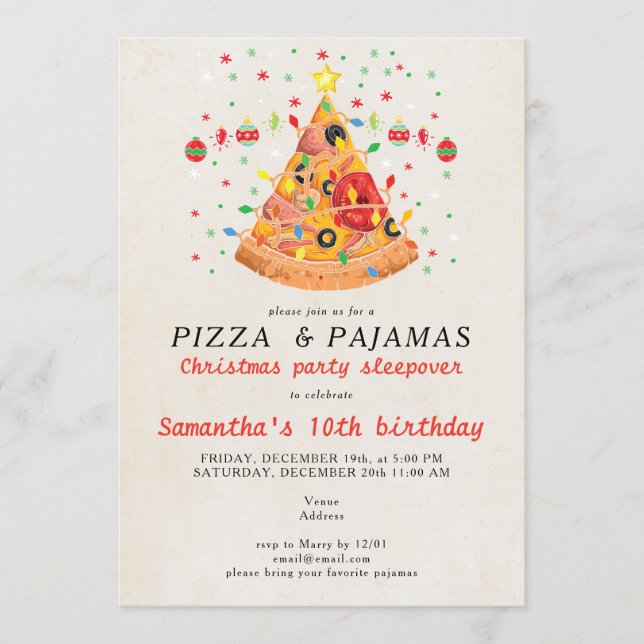 Invitation Fête d'anniversaire Pizza & Pyjamas Noël (Devant)