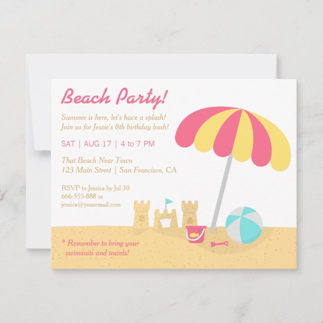 Invitation Fête d'anniversaire plage châteaux de sable amusan (Devant)