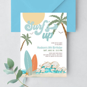 Invitation Fête d'anniversaire plage garçon surf surfant TOUS