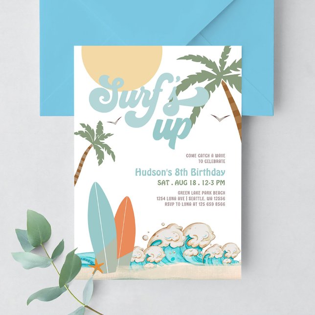 Invitation Fête d'anniversaire plage garçon surf surfant TOUS (Créateur téléchargé)