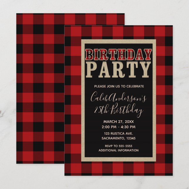 Invitation Fête d'anniversaire plaid buffalo rouge rustique n (Devant / Derrière)