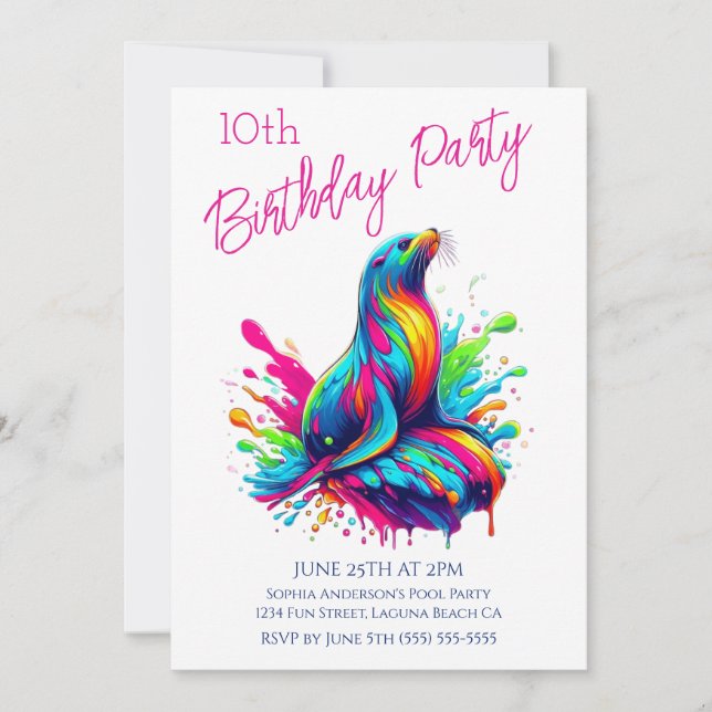 Invitation Fête d'anniversaire - Plongeon du lion de mer colo (Devant)