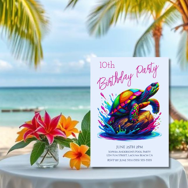 Invitation Fête d'anniversaire - Plongeon Tortue Coloré (Colorful Turtle Splash-Fisherman Core-Dopamine Dressing-Birthday Party Invitation-White)