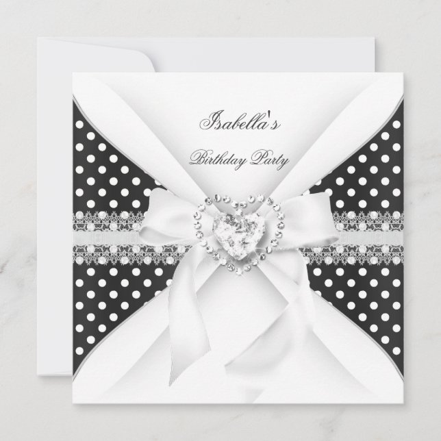 Invitation Fête d'anniversaire pois noir blanc diamant (Devant)