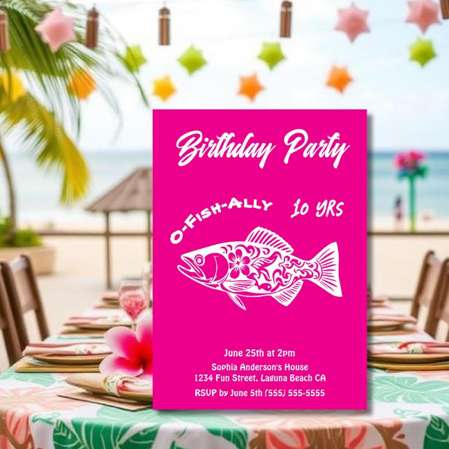 Invitation Fête d'anniversaire-poisson hawaïen O-poisson-alli (Aloha Trout Fisherman Trend Hawaiian Fish Beach Summer Pool Birthday Party invitation bright pink)
