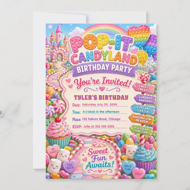Invitation Fête d'anniversaire Pop-It Candyland (Devant)