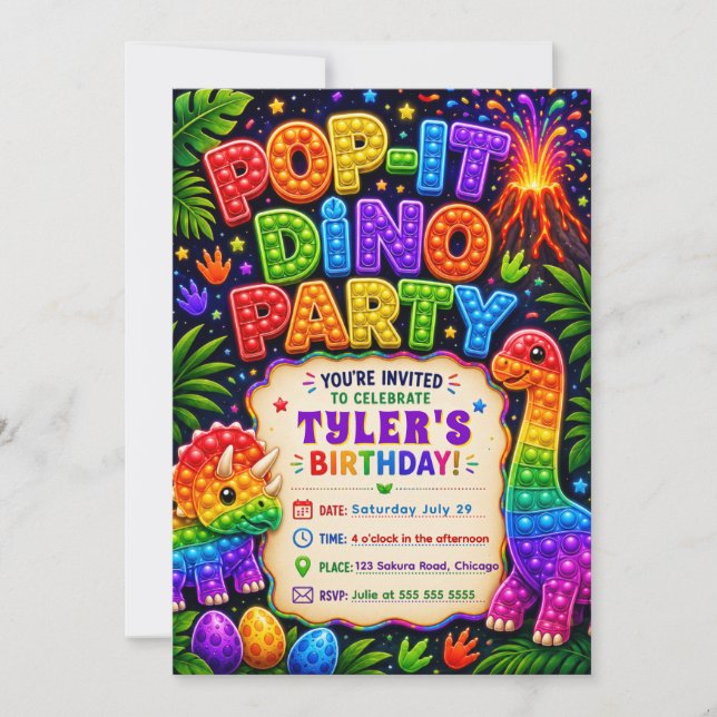 Invitation Fête d'anniversaire Pop It Dinosaure (Devant)