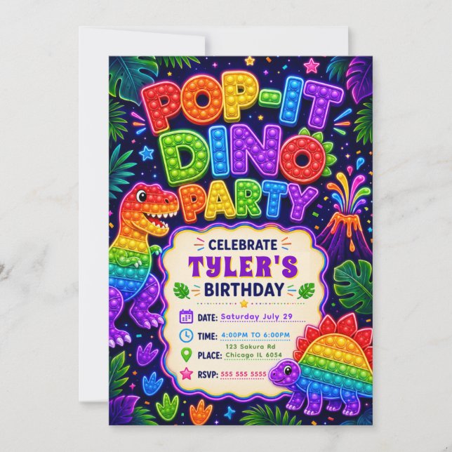 Invitation Fête d'anniversaire Pop It Dinosaure (Devant)