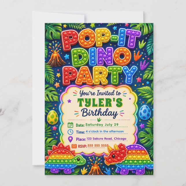 Invitation Fête d'anniversaire Pop It Dinosaure (Devant)