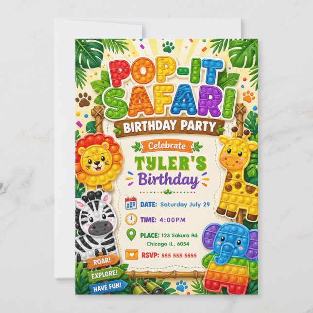Invitation Fête d'anniversaire Pop It Safari (Devant)