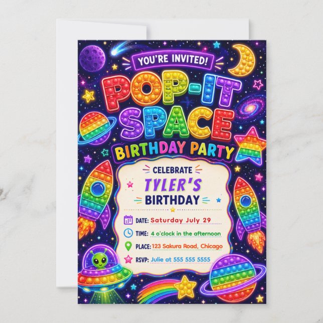 Invitation Fête d'anniversaire Pop It Space (Devant)