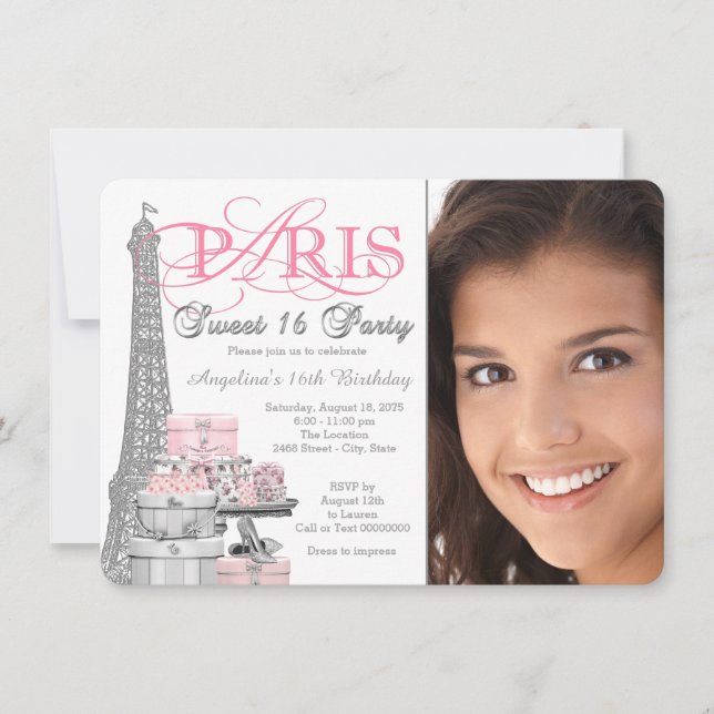 Invitation Fête d'anniversaire pour 16 ans à Paris Rose et Gr (Devant)