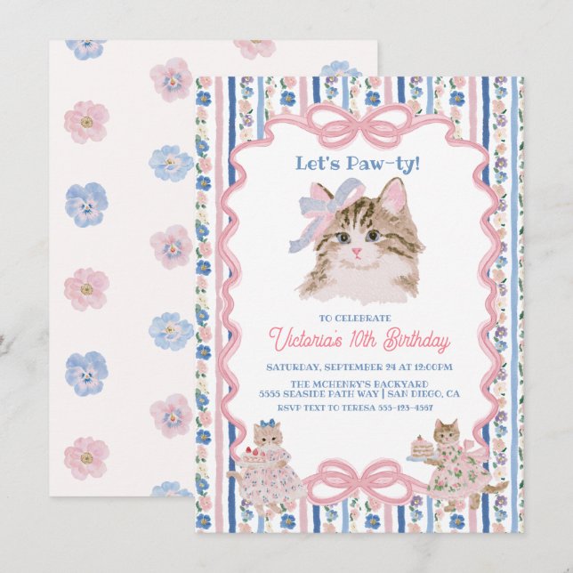 Invitation Fête d'anniversaire pour chaton féminin  (Devant / Derrière)