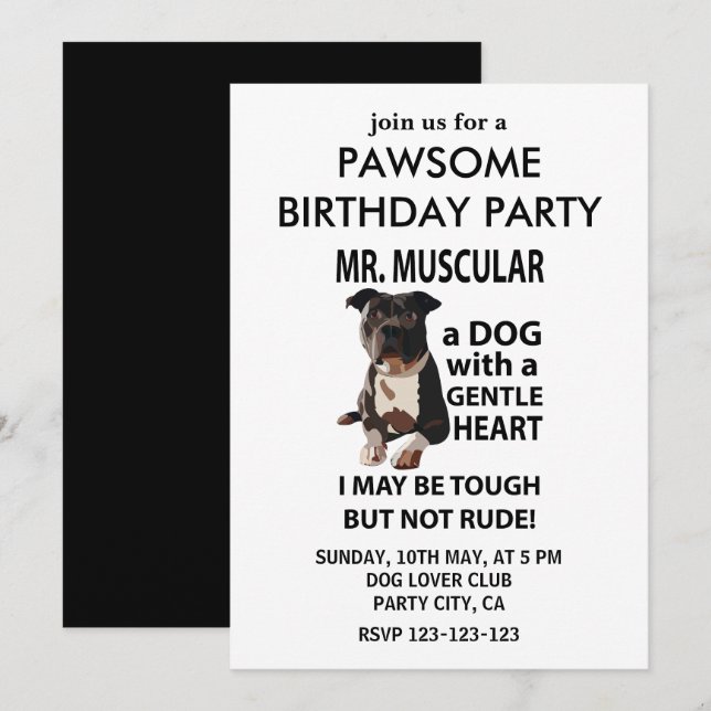 Invitation Fête d'anniversaire pour chien Pitbull (Devant / Derrière)
