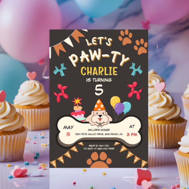 Invitation Fête d'anniversaire pour chiots Faisons la fête (Lets pawty puppy dog birthday party invitation)