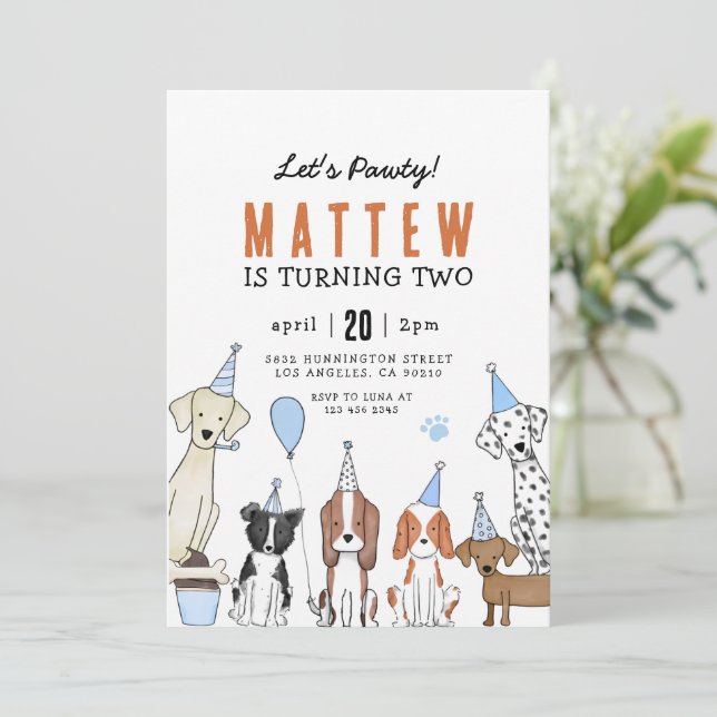 Invitation Fête d'anniversaire pour chiots, Fête pour chiens (Debout devant)